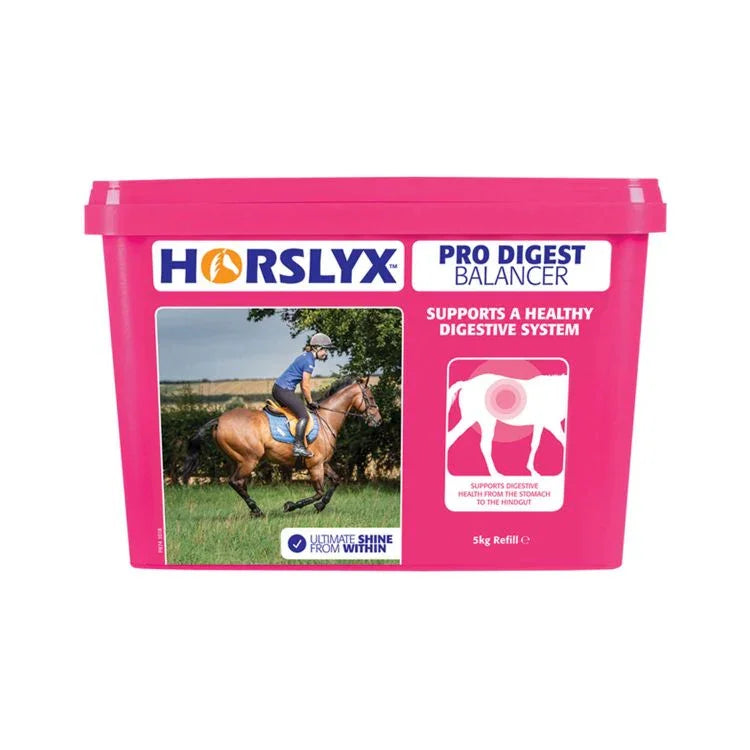 Pink container of HORSLYX Pro Digest Balancer for horses on a white background