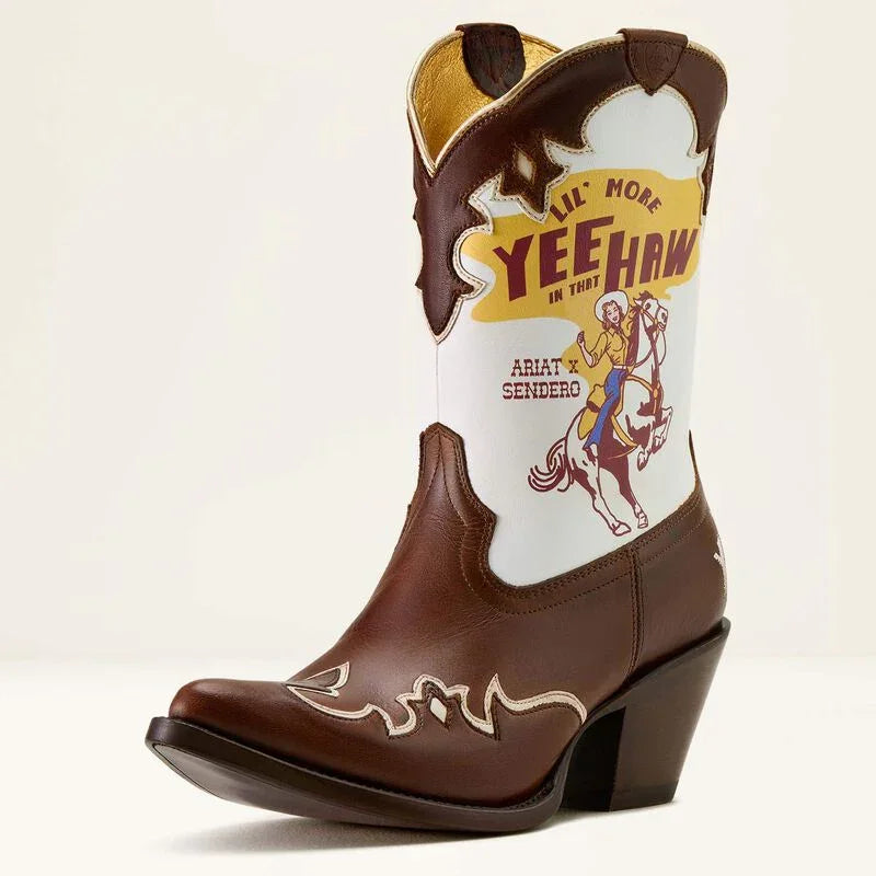 Brown cowboy boot with white top featuring 'Yee Haw' text and graphics on a beige background