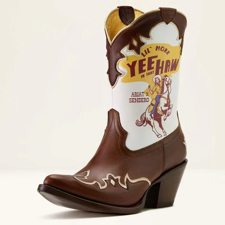 Brown cowboy boot with white top featuring 'Yee Haw' text and graphics on a beige background