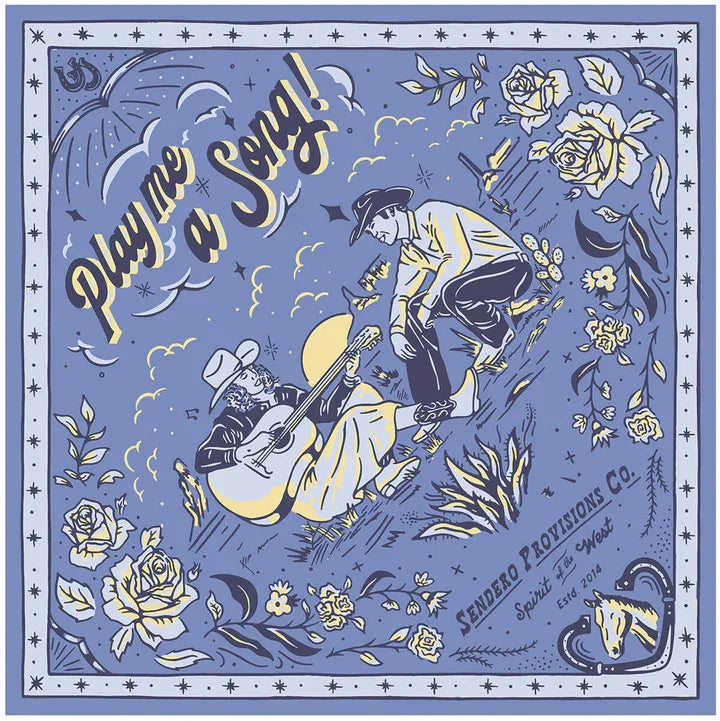 Decorative bandana with cowboy graphics and text on a blue background