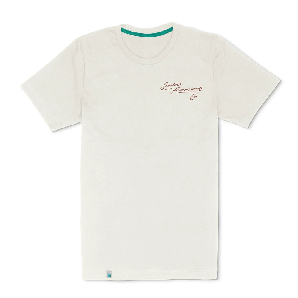White t-shirt with red text on a white background